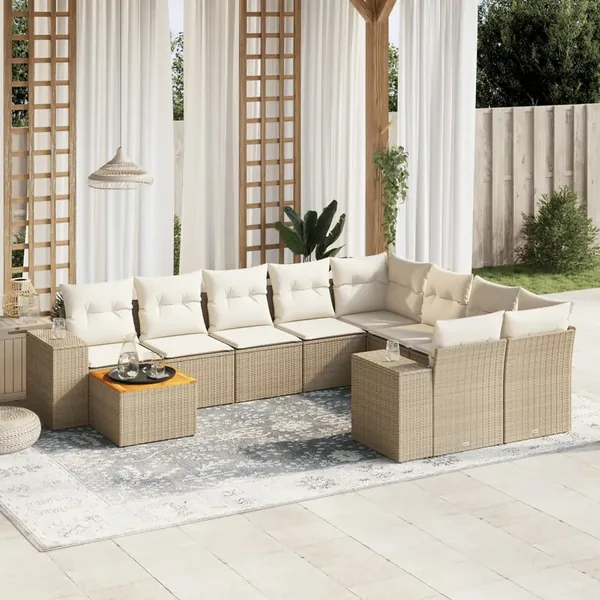 Salon de jardin avec coussins 10 pcs beige résine tressée