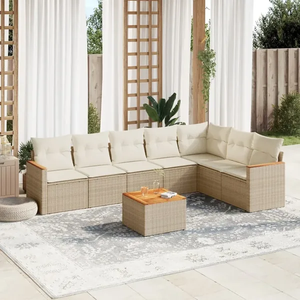 Salon de jardin avec coussins 8 pcs beige résine tressée