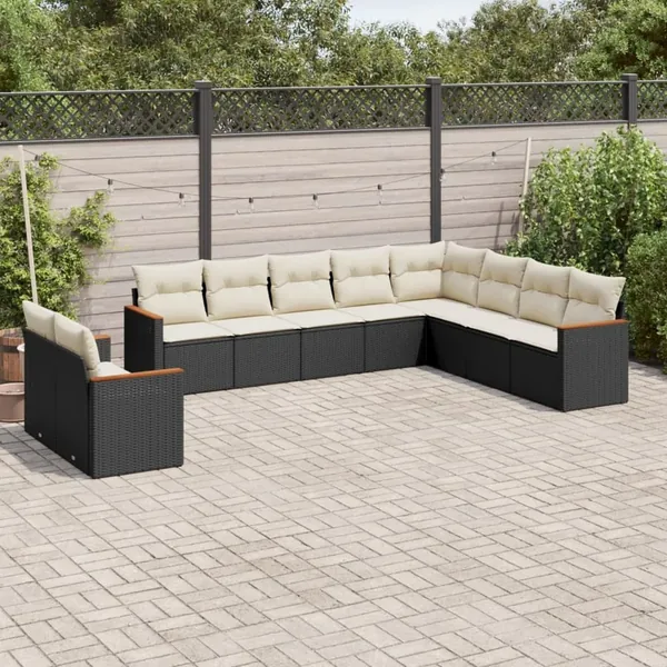 Salon de jardin 10 pcs avec coussins noir résine tressée