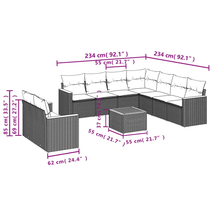 Salon de jardin avec coussins 10 pcs beige résine tressée - 3