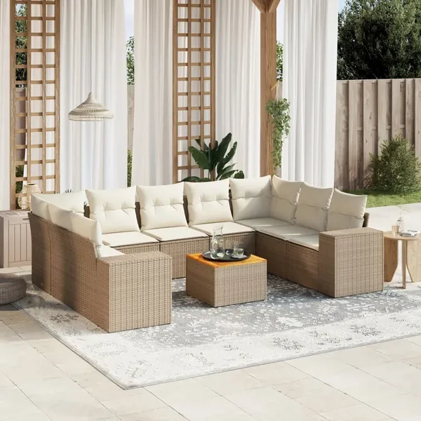 Salon de jardin avec coussins 10 pcs beige résine tressée