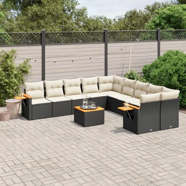 Salon de jardin 11 pcs avec coussins noir résine tressée