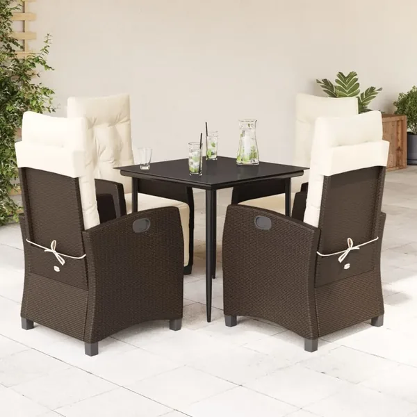 Ensemble à manger de jardin 5 pcs et coussins marron poly rotin
