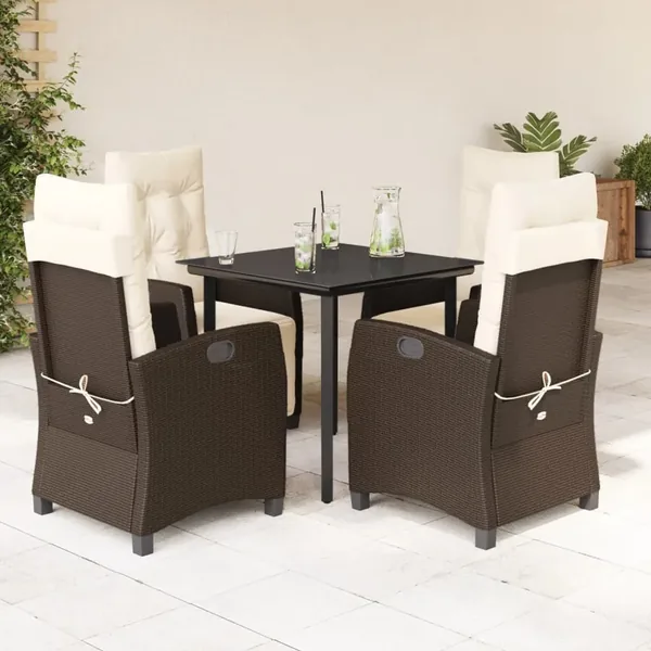 Ensemble à manger de jardin 5 pcs et coussins marron poly rotin