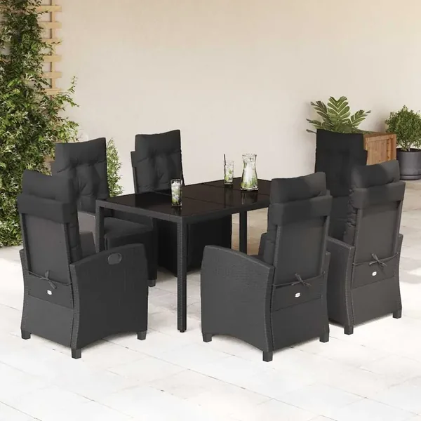 Ensemble à manger de jardin coussins 7pcs Noir Résine tressée