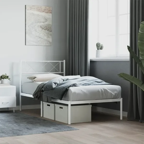 Cadre de lit métal sans matelas avec tête de lit blanc 90x190cm