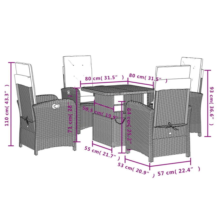 Ensemble à manger de jardin coussins 5pcs Noir Résine tressée - 8