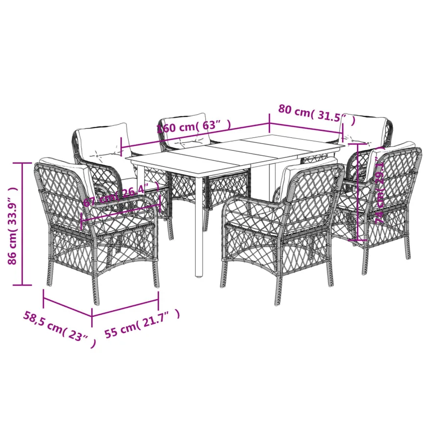 Ensemble à manger de jardin et coussins 7 pcs marron rotin - 7