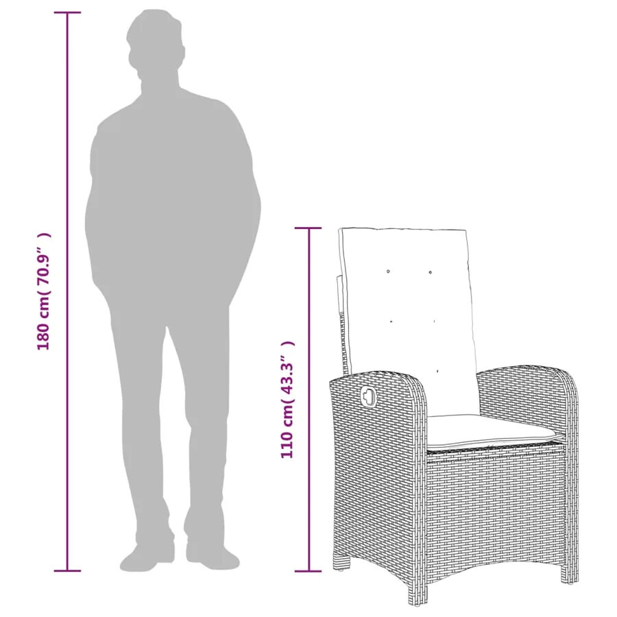 Chaise inclinable de jardin avec coussins noir résine tressée - 11