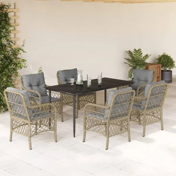 Ensemble à manger de jardin coussins 7 pcs mélange beige rotin