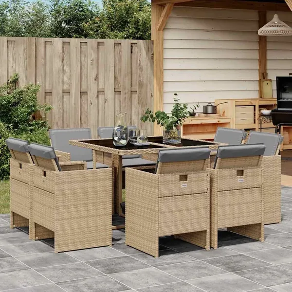 Ensemble à manger de jardin et coussins 9 pcs mélange beige