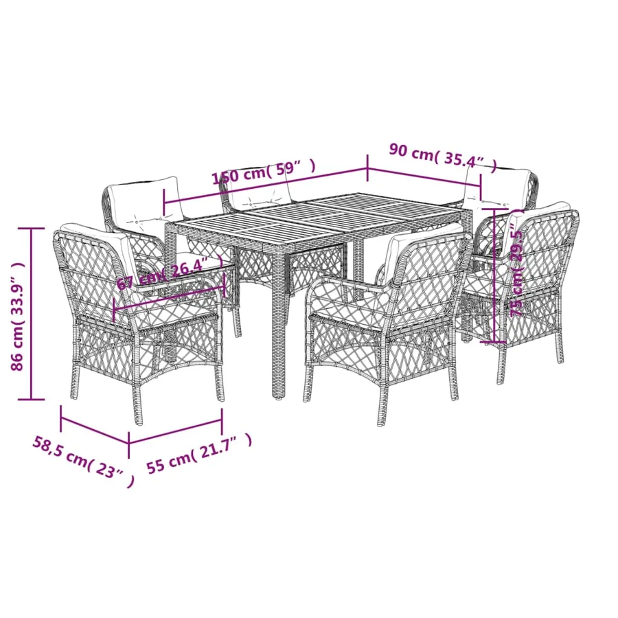 Ensemble à manger de jardin coussins 7pcs Noir Résine tressée - 7