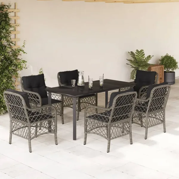 Ensemble à manger de jardin et coussins 7 pcs gris rotin