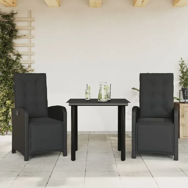 Ensemble de bistro 3 pcs avec coussins noir résine tressée
