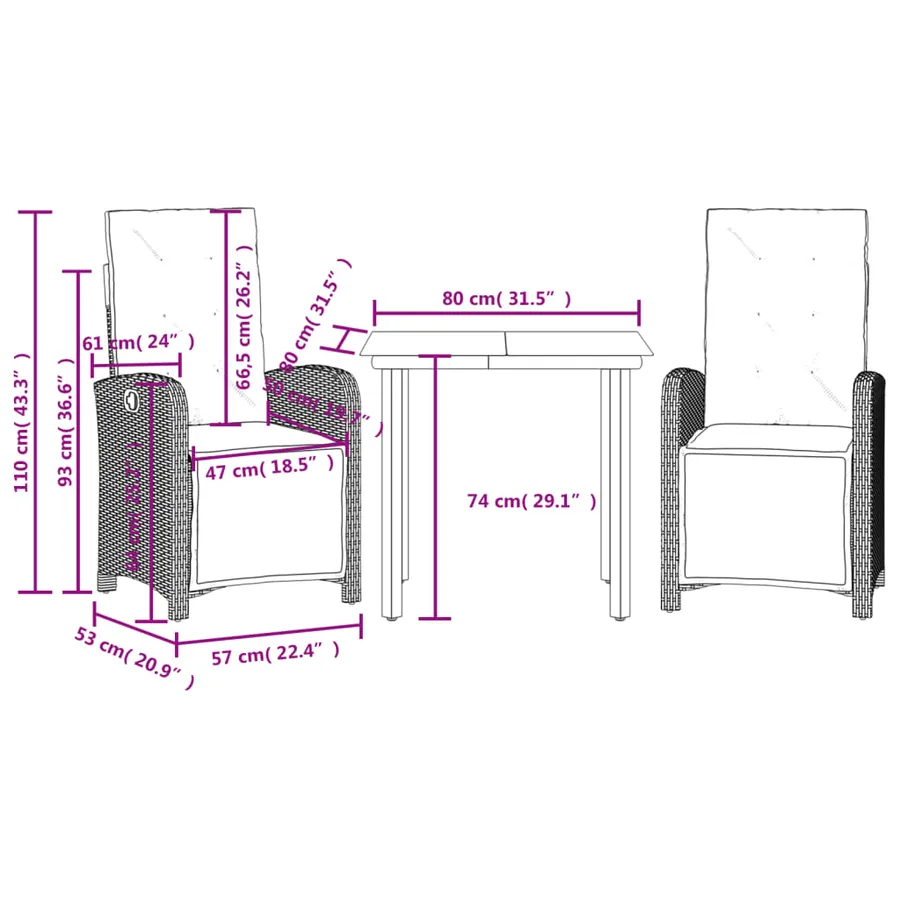 Ensemble de bistro 3 pcs avec coussins noir résine tressée - 9