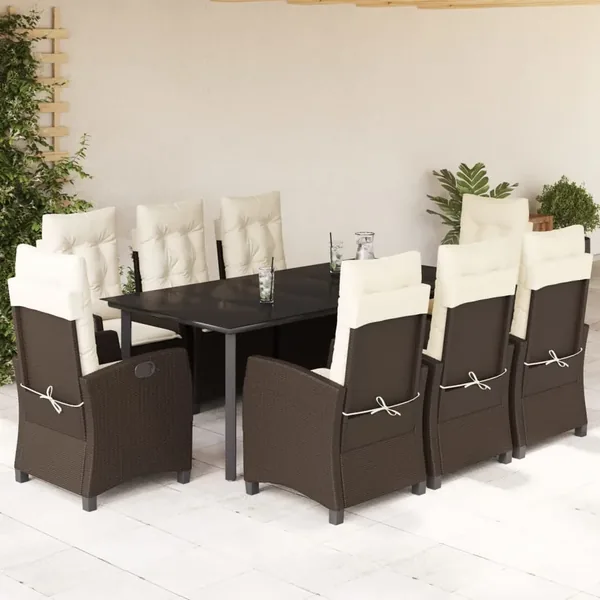 Ensemble à manger de jardin et coussins 9 pcs marron poly rotin