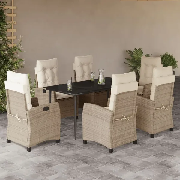 Ensemble à manger de jardin et coussins 7 pcs beige poly rotin