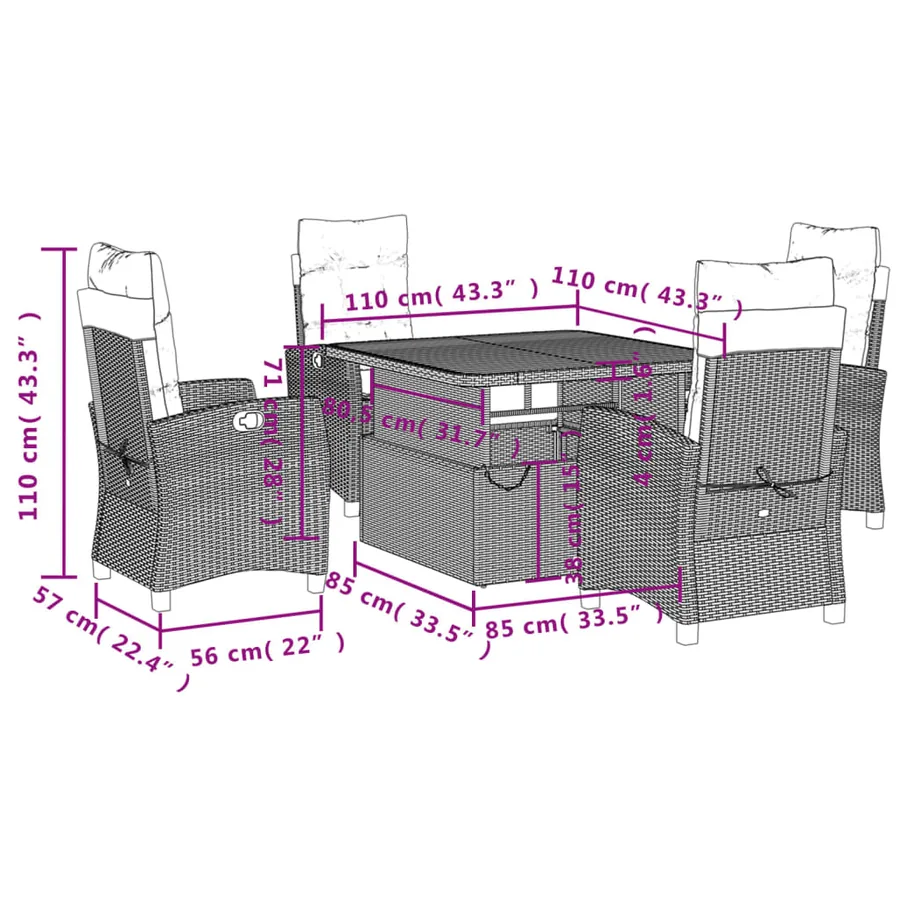 Ensemble à manger de jardin coussins 5pcs Noir Résine tressée - 8