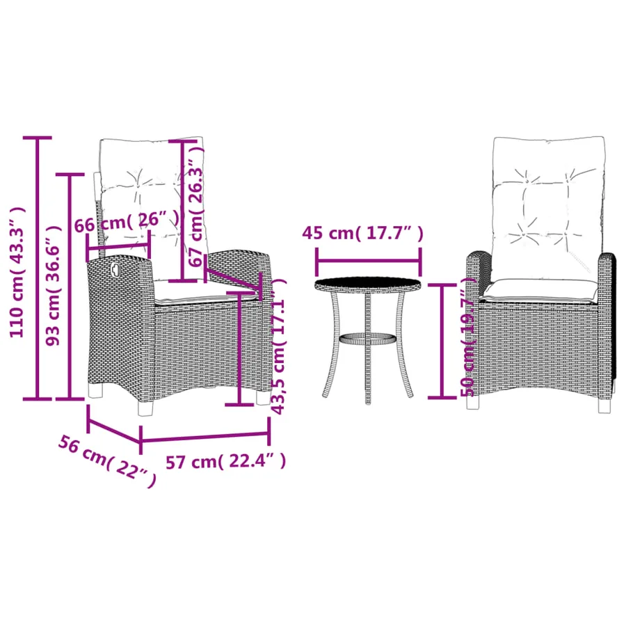 Ensemble de bistro 3 pcs avec coussins noir résine tressée - 15