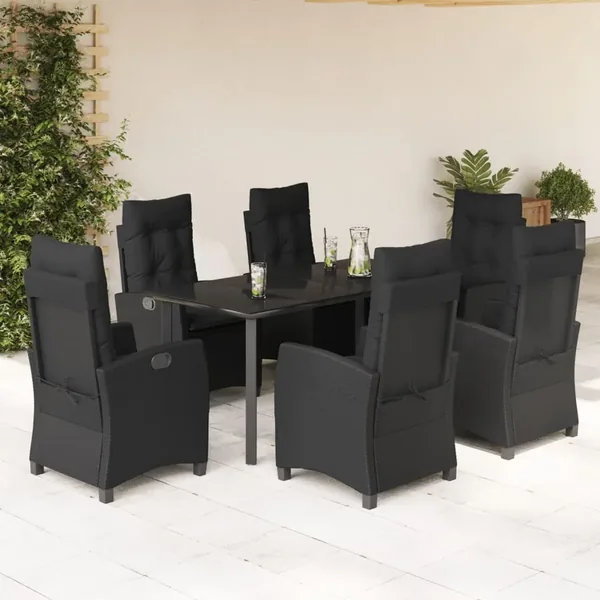 Ensemble à manger de jardin coussins 7pcs Noir Résine tressée