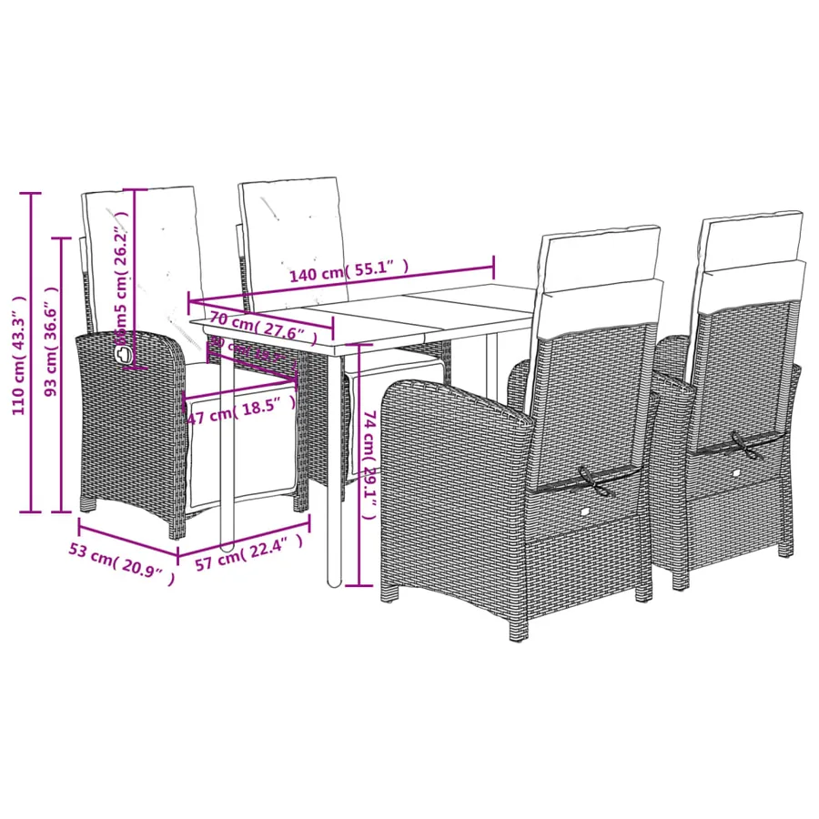 Ensemble à manger de jardin coussins 5pcs Noir Résine tressée - 9