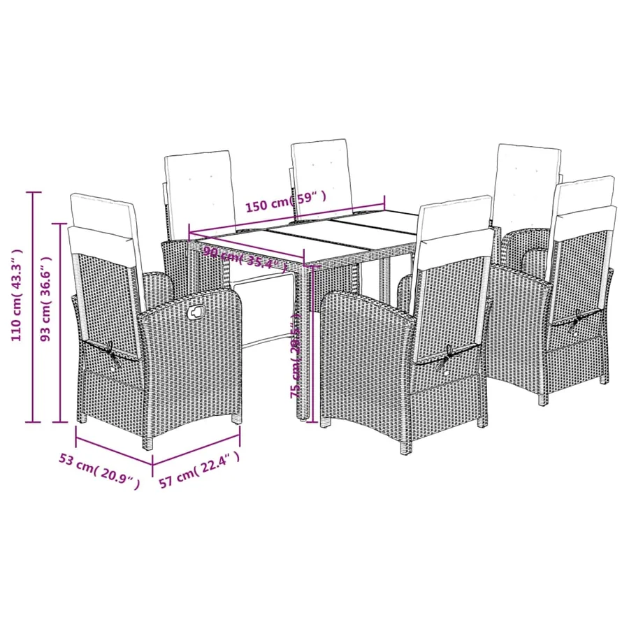 Ensemble à manger de jardin coussins 7pcs Noir Résine tressée - 9