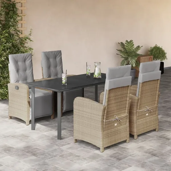 Ensemble à manger de jardin avec coussins 5pcs Beige poly rotin