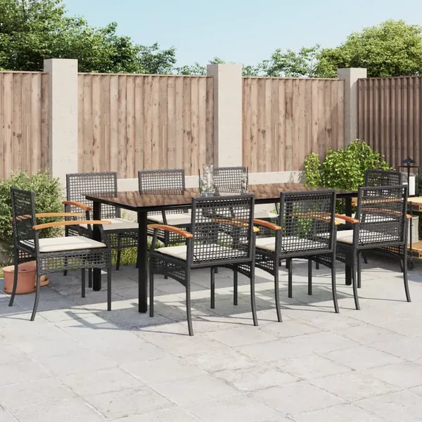 Ensemble à manger de jardin 9pcs coussins noir résine tressée