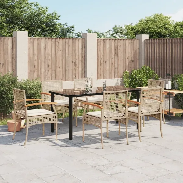 Ensemble à manger de jardin et coussins 7 pcs beige poly rotin
