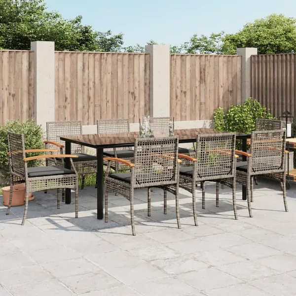 Ensemble à manger de jardin 9 pcs coussins gris résine tressée