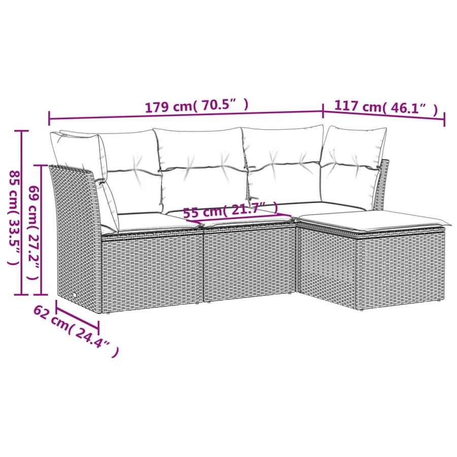 Salon de jardin 4 pcs avec coussins gris résine tressée - 3
