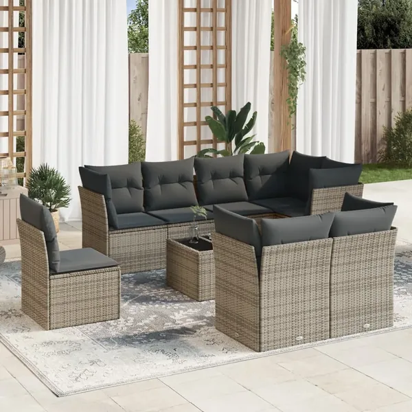 Salon de jardin 9 pcs avec coussins gris résine tressée