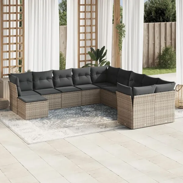 Salon de jardin 11 pcs avec coussins gris résine tressée