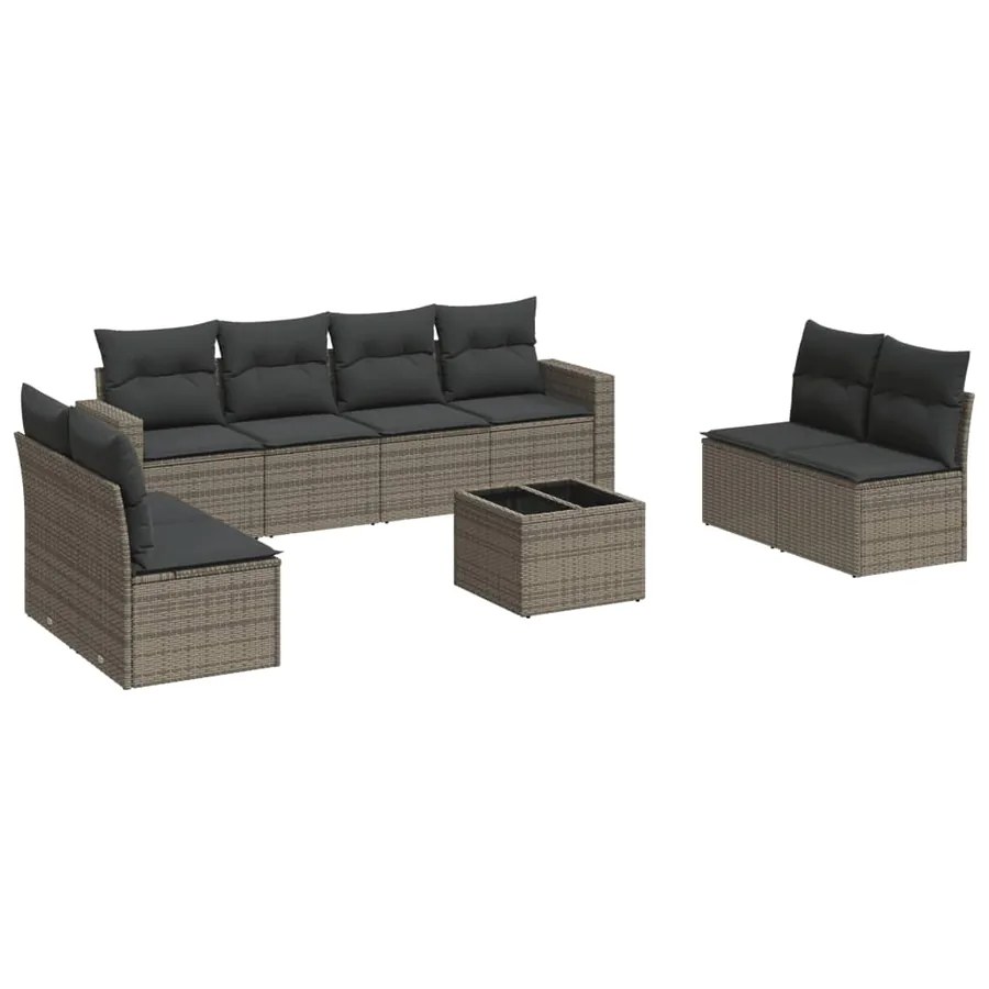 Salon de jardin 9 pcs avec coussins gris résine tressée - 2