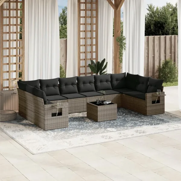 Salon de jardin 11 pcs avec coussins gris résine tressée