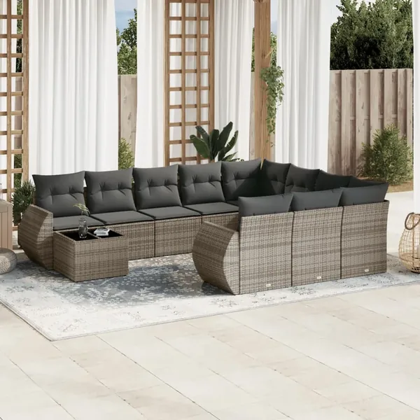 Salon de jardin 11 pcs avec coussins gris résine tressée