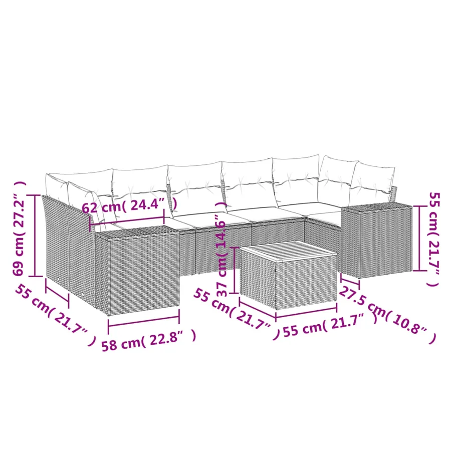 Salon de jardin 8 pcs avec coussins gris résine tressée - 3