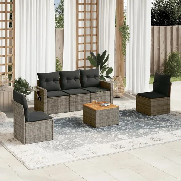 Salon de jardin 6 pcs avec coussins gris résine tressée