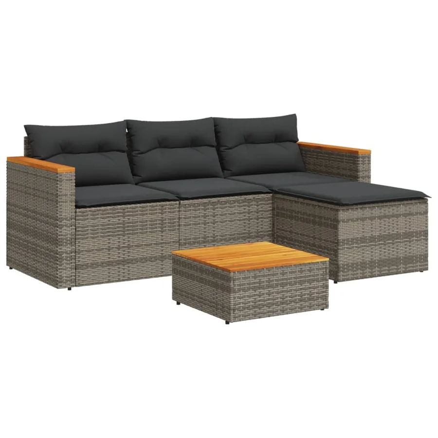 Salon de jardin 5 pcs avec coussins gris résine tressée acacia - 3