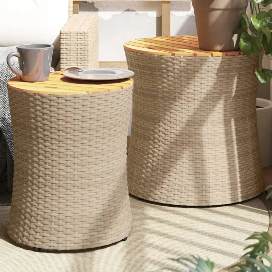 Tables d'appoint de jardin 2pcs dessus en bois beige poly rotin