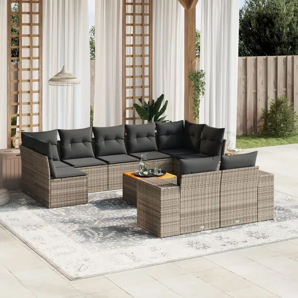 Salon de jardin avec coussins 10 pcs gris résine tressée