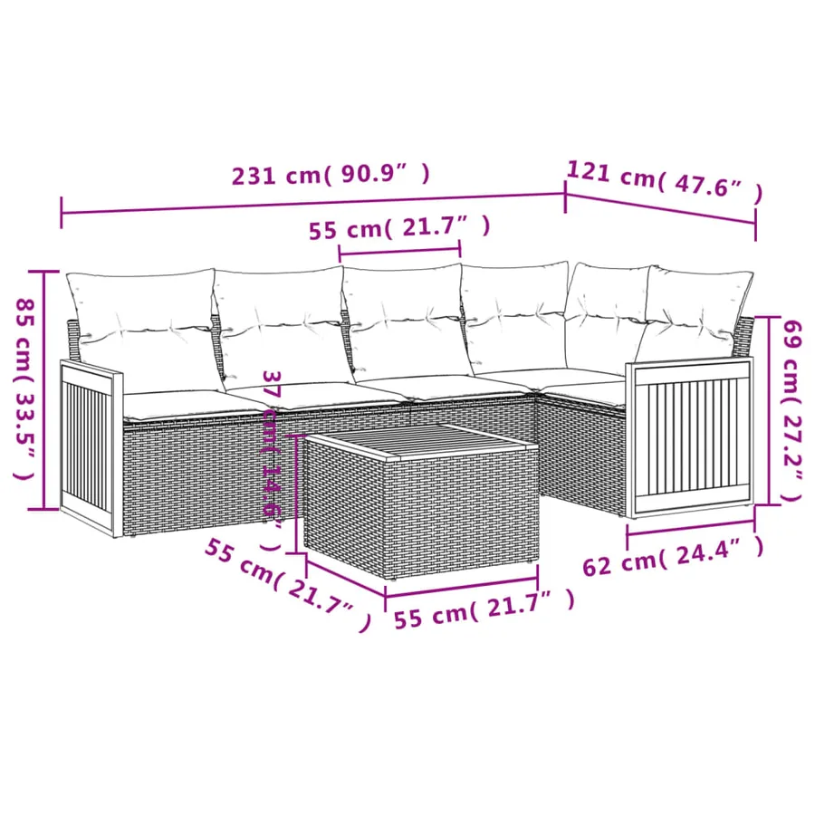 Salon de jardin 6 pcs avec coussins gris résine tressée - 3