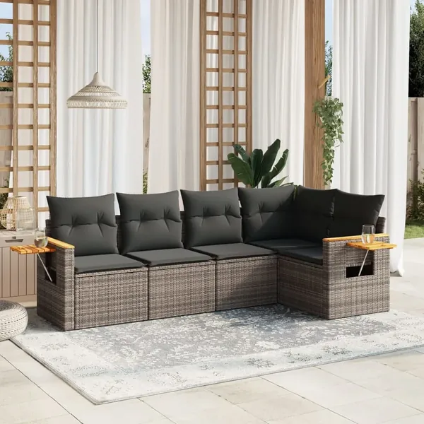 Salon de jardin 5 pcs avec coussins gris résine tressée