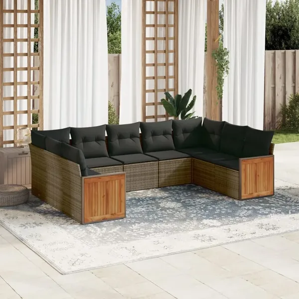 Salon de jardin 9 pcs avec coussins gris résine tressée