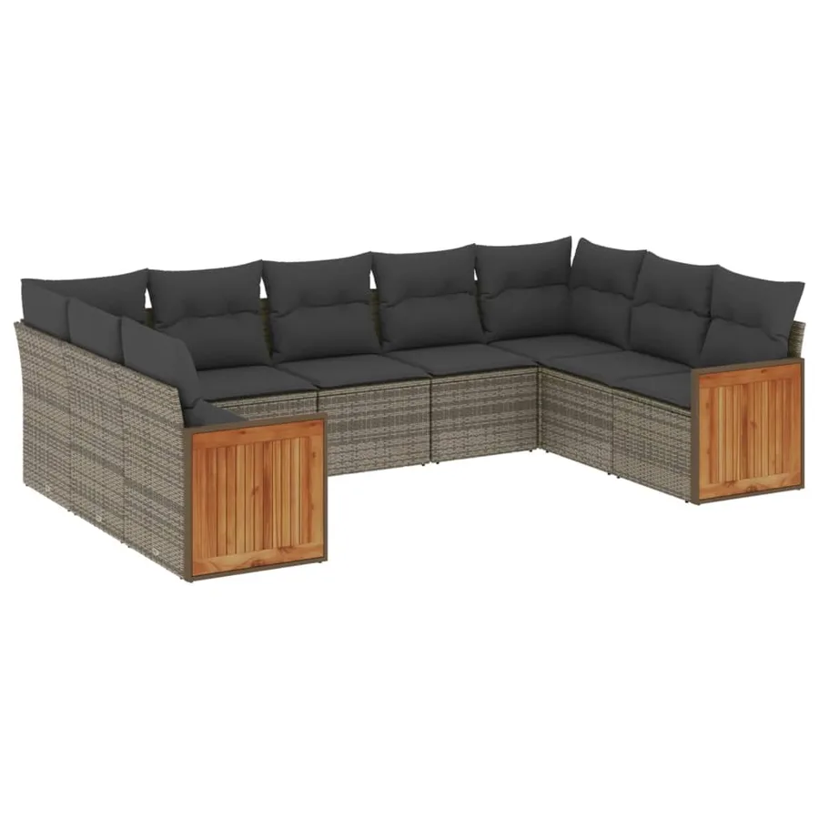 Salon de jardin 9 pcs avec coussins gris résine tressée - 2