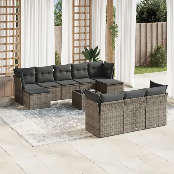 Salon de jardin 11 pcs avec coussins gris résine tressée