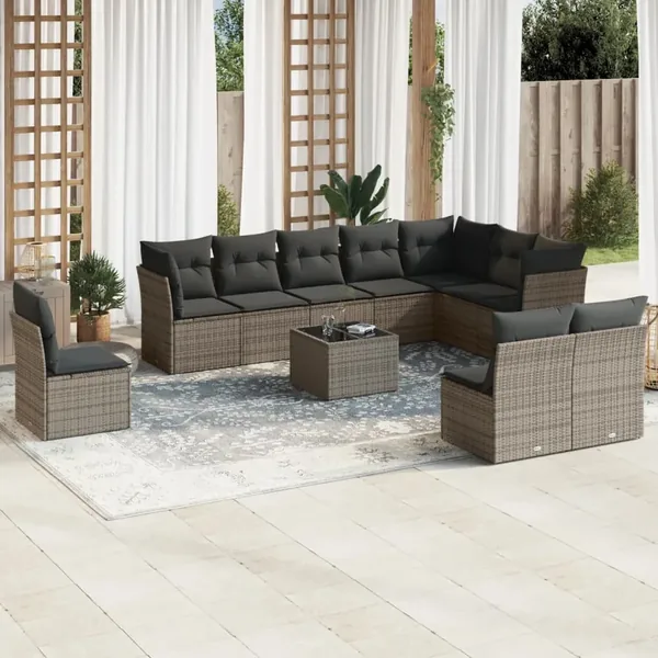 Salon de jardin 11 pcs avec coussins gris résine tressée