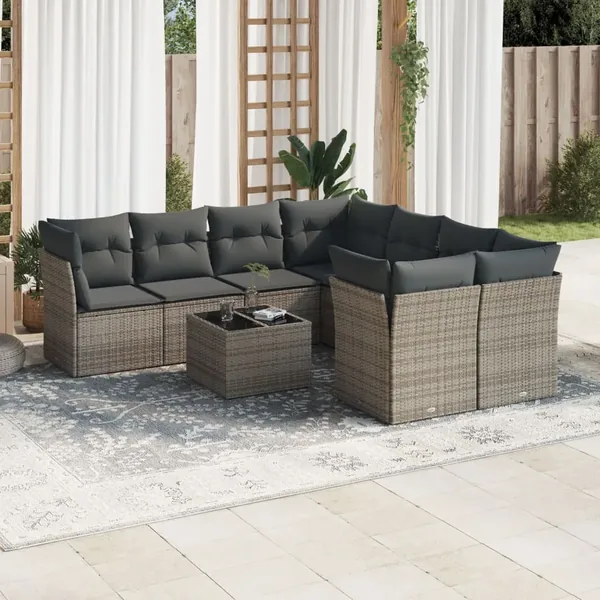 Salon de jardin 9 pcs avec coussins gris résine tressée