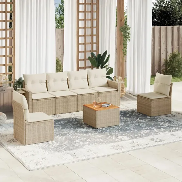 Salon de jardin avec coussins 7 pcs beige résine tressée