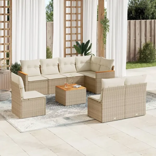 Salon de jardin avec coussins 9 pcs beige résine tressée
